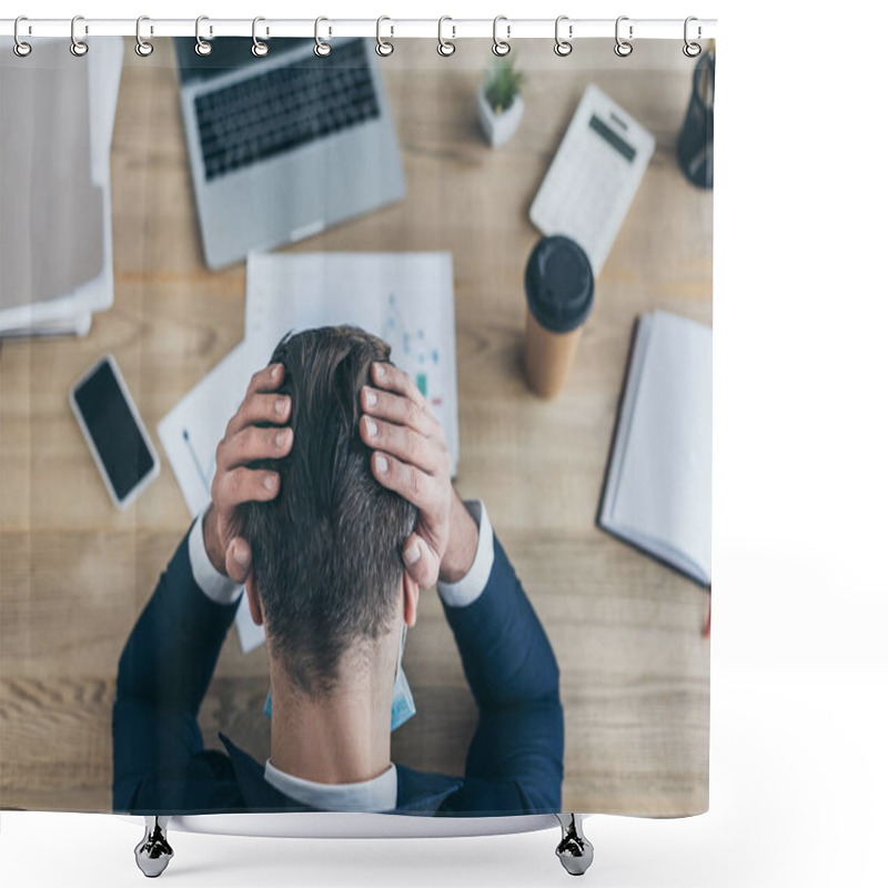 Personality  Top View Of Depressed Businessman Covering Head With Hands While Sitting At Workplace Near Gadgets And Documents Shower Curtains