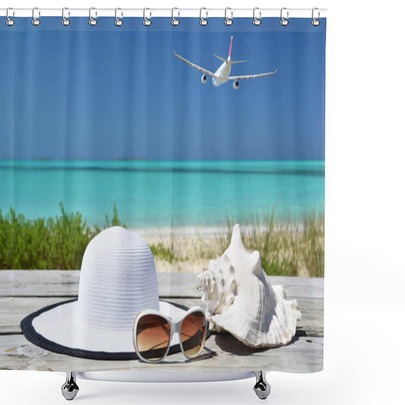 Personality  Sunglasses, Hat And Shell Against Ocean Shower Curtains