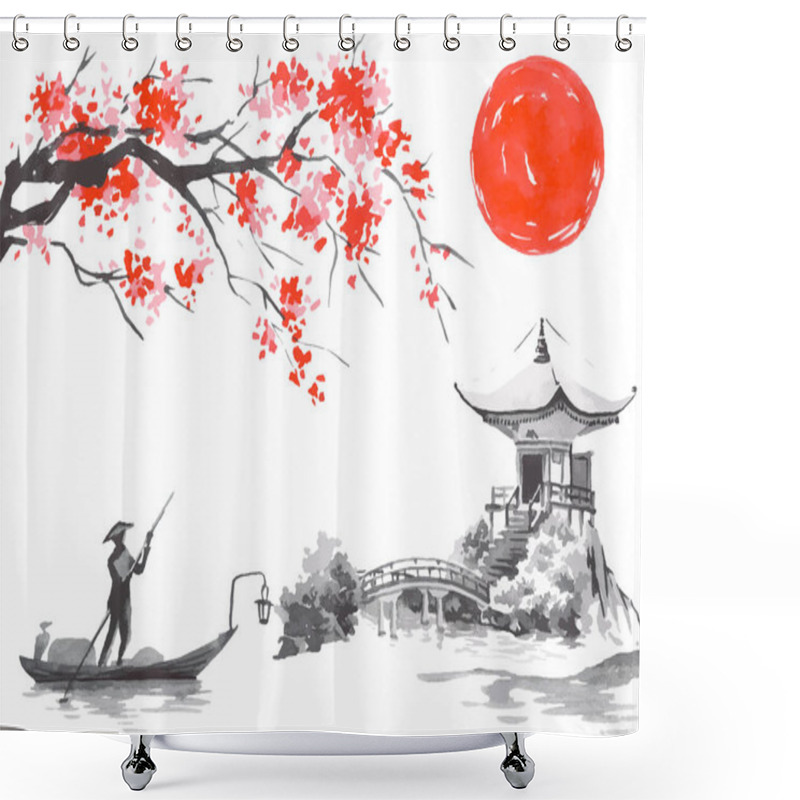 Personality  Japan Traditional Sumi-e Painting. Fuji Mountain, Sakura, Sunset. Japan Sun. Indian Ink Vector Illustration. Japanese Picture. Fisherman Shower Curtains