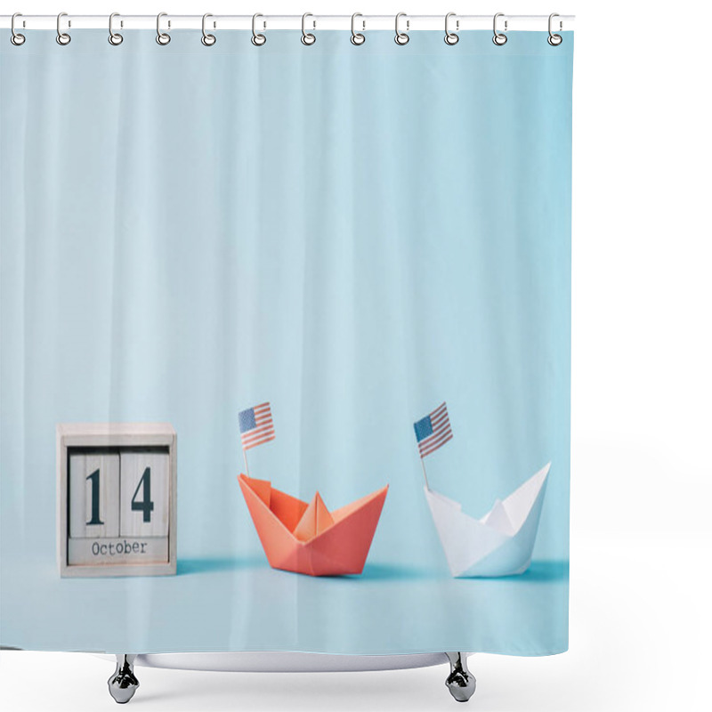 Personality  Wooden Calendar With October 14 Date Near Paper Boats With American Flag Pattern On Blue Background  Shower Curtains