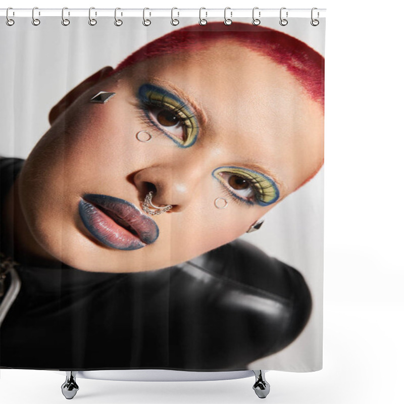 Personality  A Young Woman With Short Pink Hair Reveals Her Daring Style And Eclectic Makeup In A Vibrant Studio Setting. Shower Curtains