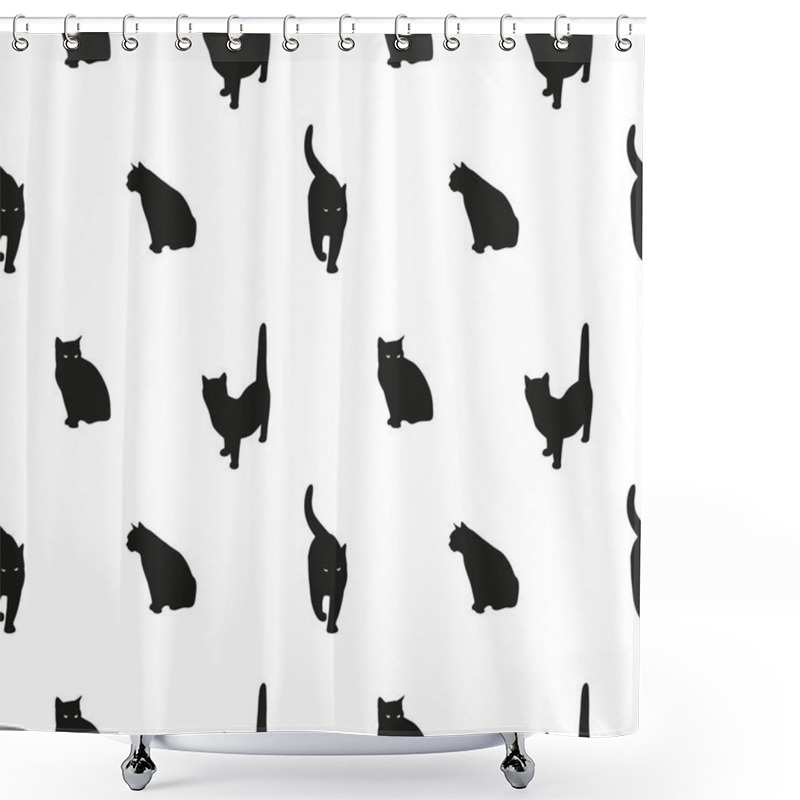 Personality  Seamless Pattern With Black Cat Silhouettes. Minimalist Fabric Or Textile Design With Animal On White Background. - Vector Illustration Shower Curtains