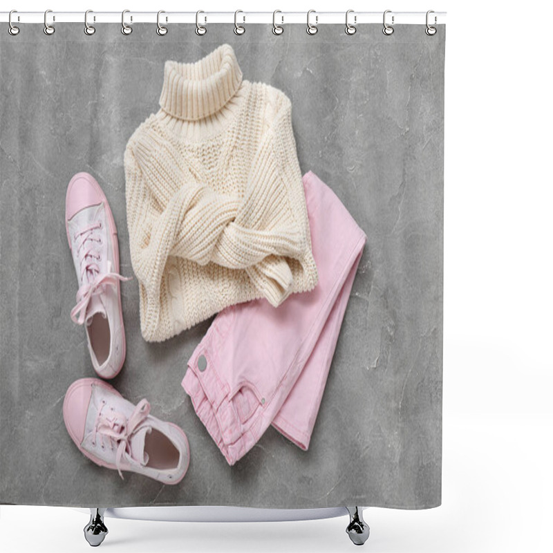 Personality  Stylish Children's Sweater, Pants And Gumshoes On Grunge Background Shower Curtains