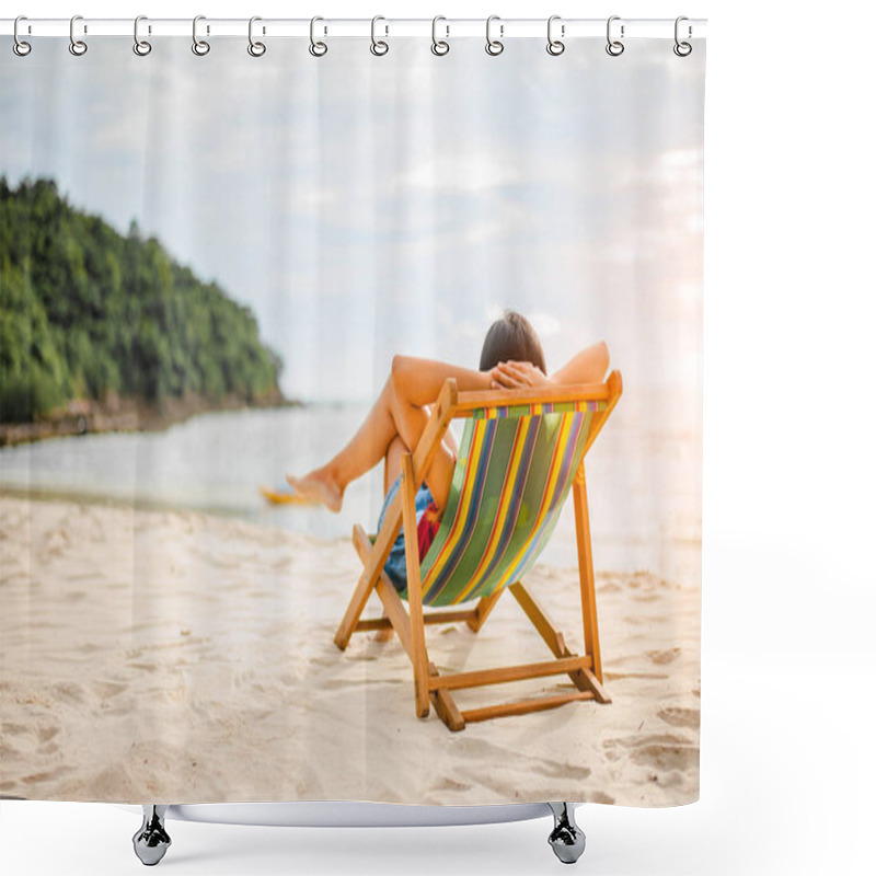 Personality  Woman Relaxing On Beach, Looking At Sea. Copy Space. Shower Curtains