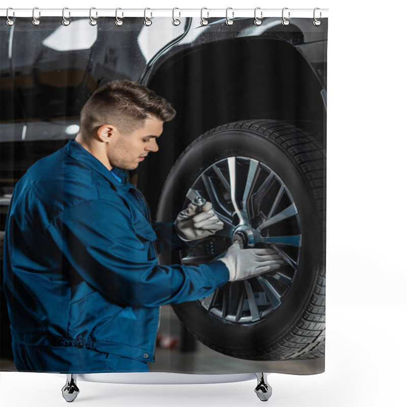 Personality  Mechanic Looking At Screw Nut While Fixing Wheel On Car Shower Curtains