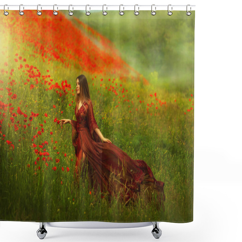 Personality  Happy Fantasy Woman Queen In Red Silk Dress, Walking In Poppy Field, Summer Green Grass, Nature Flowers. Girl Goddess Princess Train Hem Skirt Flying In Wind, Satin Fabric Waving. Divine Sun Light Shower Curtains