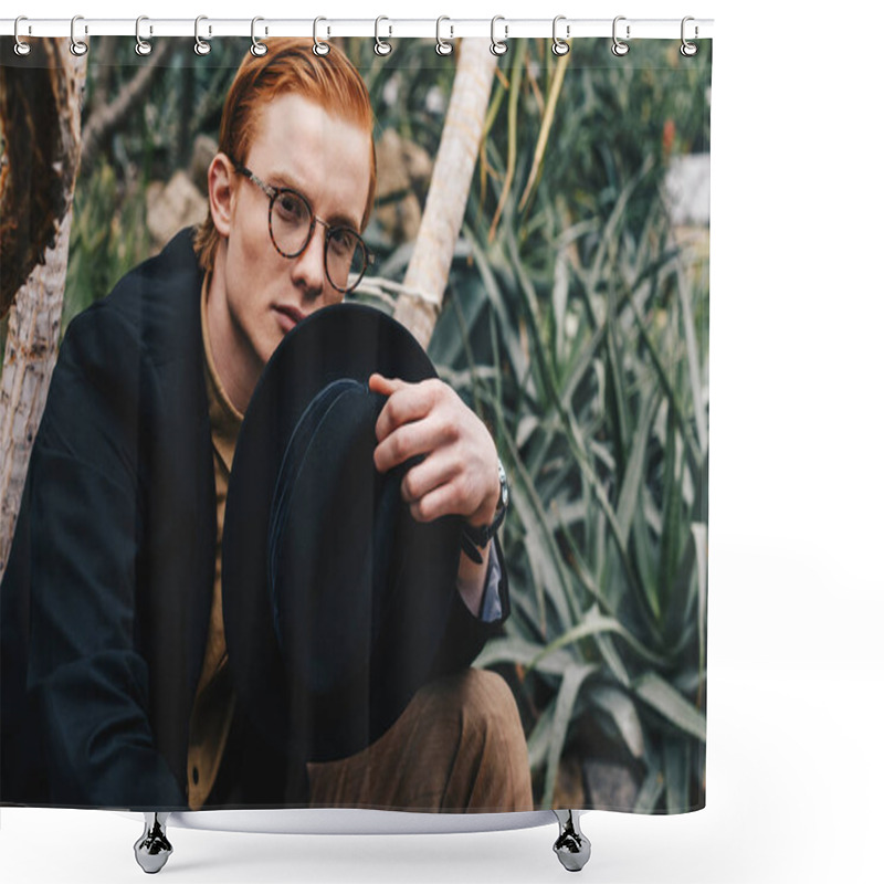 Personality  Handsome Young Redhead Man In Eyeglasses Holding Hat And Looking At Camera Shower Curtains