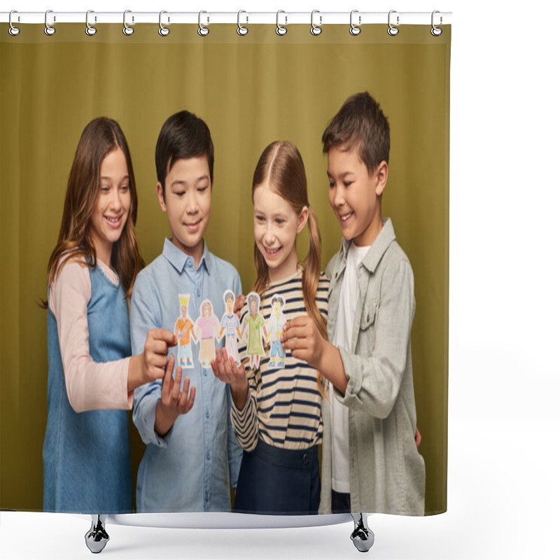 Personality  Smiling Interracial Preteen Kids In Casual Clothes With Friends Holding Drawn Paper Characters While Celebrating Child Protection Day On Khaki Background Shower Curtains