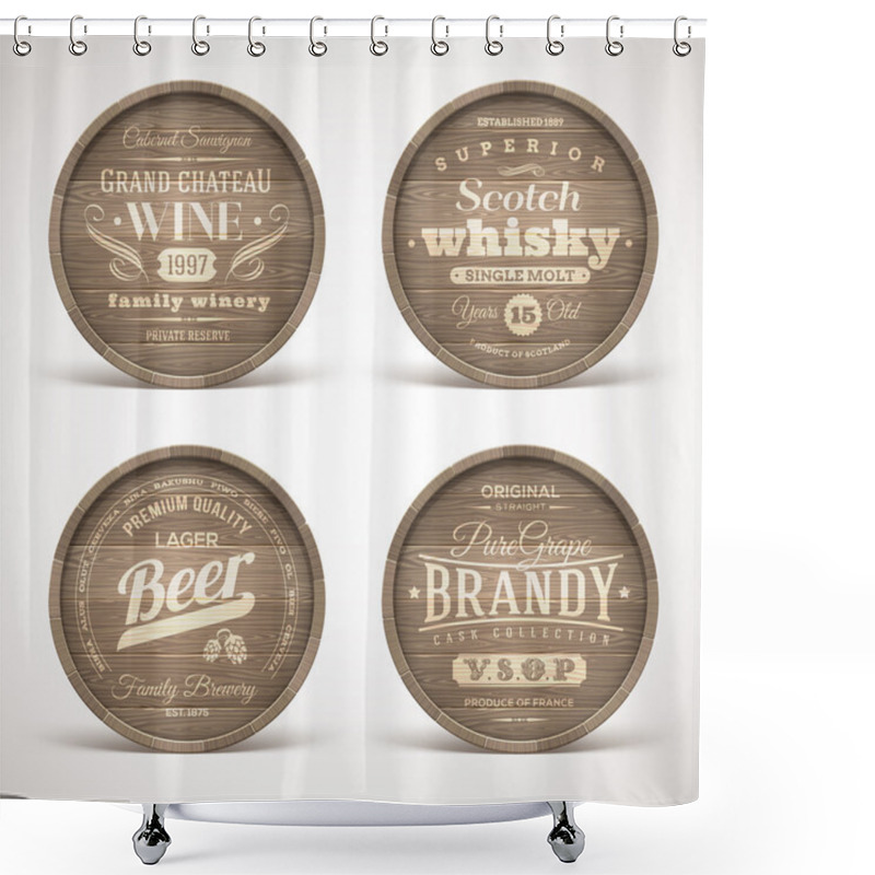 Personality  Set Of Wooden Casks With Alcohol Drinks Emblems - Vector Illustration Shower Curtains