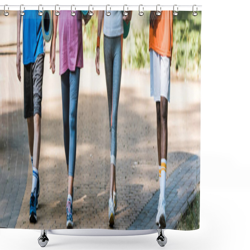 Personality  Panoramic Shot Of Senior And Multicultural Pensioners Holding Fitness Mats And Walking In Park  Shower Curtains