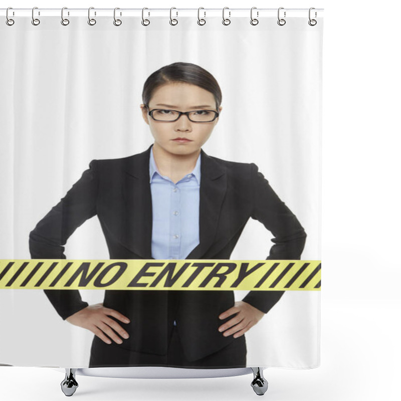 Personality  Businesswoman Standing Behind A No Entry Sign Shower Curtains