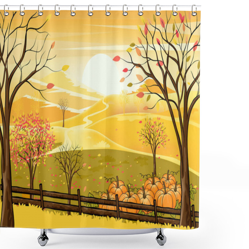 Personality  Vector Illustrationn Of Panorama Autumn Landscape In English Countryside With Forest Trees And Leaves Falling,Panoraic Of Farm Field, Pumpkin Under The Tree In Fall Season With Yellow Foliage. Shower Curtains