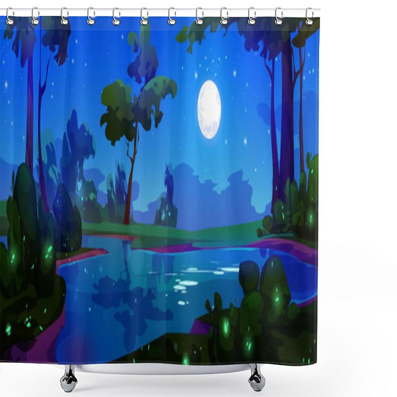 Personality  Moon In Night Sky Above Forest Lake Cartoon Background. Star Reflection In Pond Water With Beautiful Skyline Panorama View. Magic Moonlight With Firefly Peaceful Nature Game Picture At Nighttime Shower Curtains