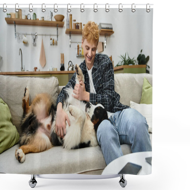 Personality  A Cheerful Redhead Man Plays With His Adorable Australian Shepherd In A Stylish Living Room. Shower Curtains