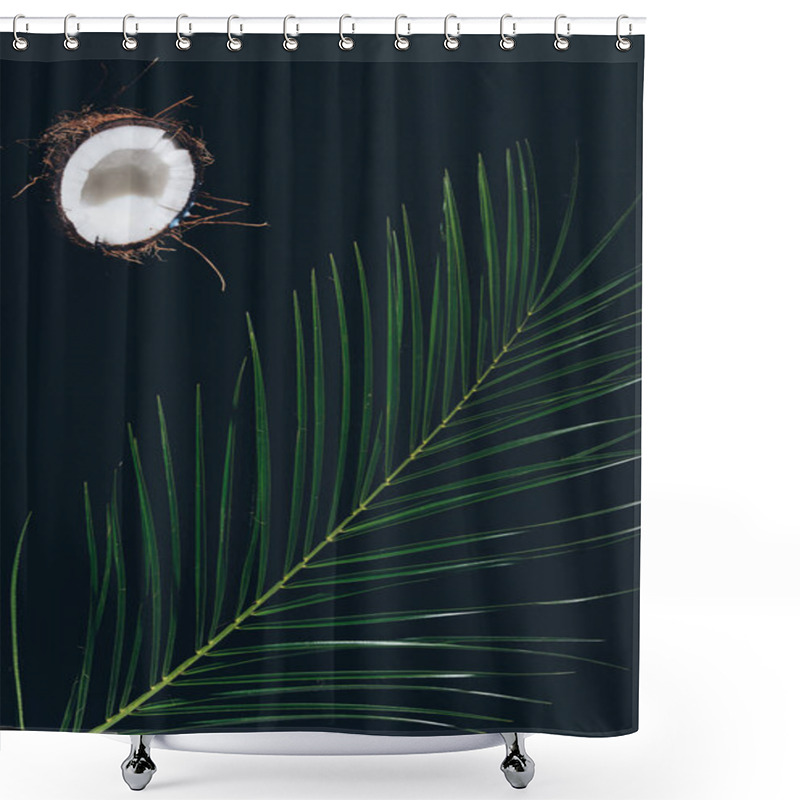 Personality  Half Of Tasty Healthy Coconut And Green Palm Leaves On Black Shower Curtains