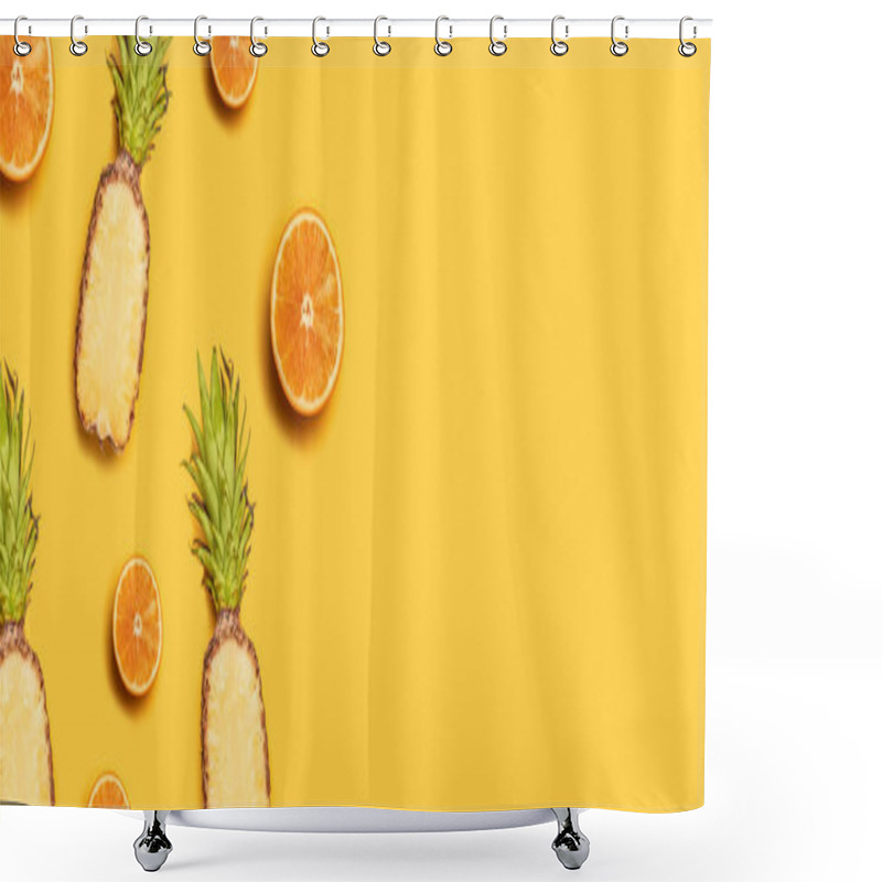 Personality  Tropical Fruit Flat Lay With Pineapple, Oranges, Lemon And Coconut On A Pastel Background. Shower Curtains