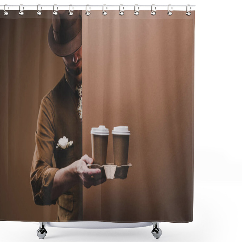 Personality  Stylish Man In Casual Clothes Holding Coffee In Paper Cups Isolated On Brown Shower Curtains