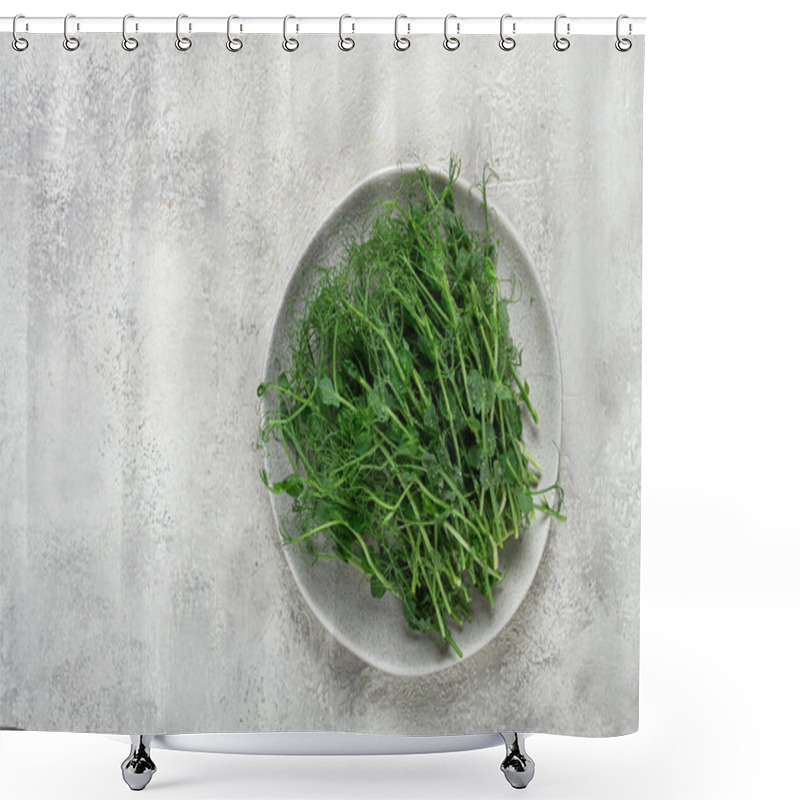 Personality  Green Pea Shoots Are Neatly Arranged On A Light Grey Plate, Showcasing Their Vibrant Color And Delicate Texture Against A Simple Textured Backdrop, Perfect For Cooking. Shower Curtains