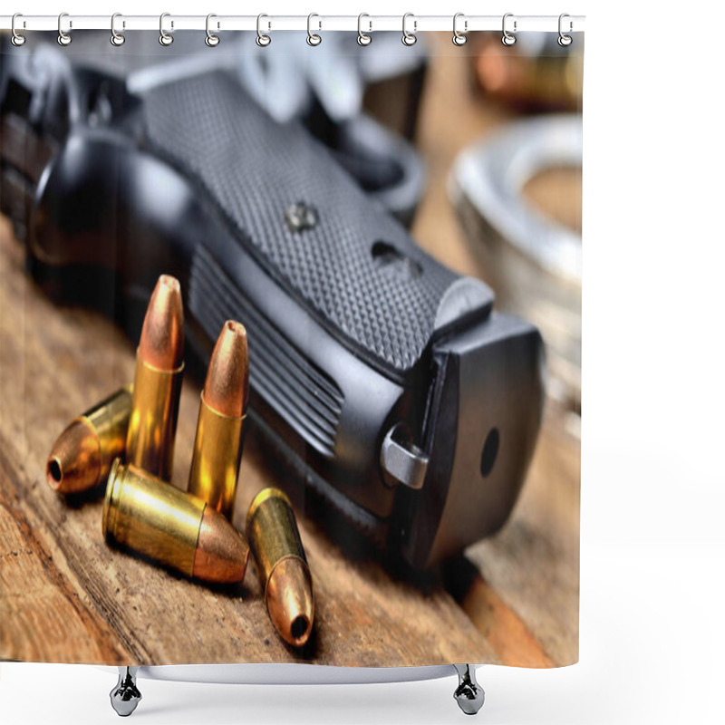 Personality  Close-up Of 9mm Pistol, Bullets And Handcuffs Shower Curtains