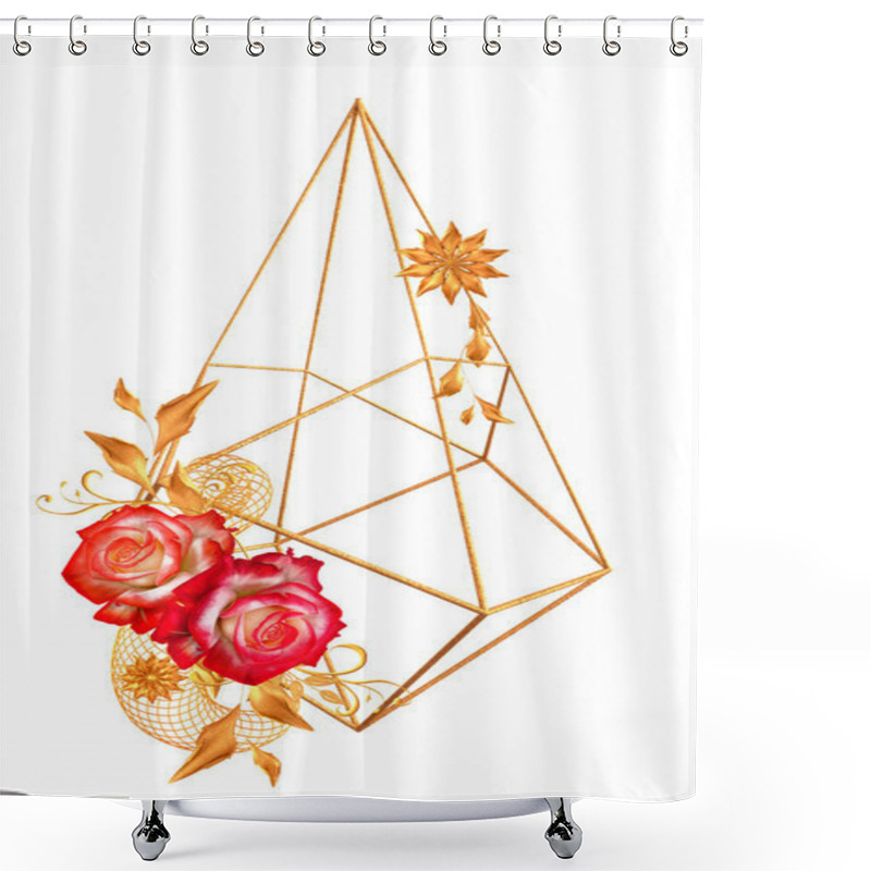 Personality  Flower Arrangement, Beautiful Red Roses, Stylized Golden Leaves And Flowers, Shiny Berries, Delicate Curls, Geometric Shape, Paisley Elements, Isolated On A White Background. 3d Rendering Shower Curtains