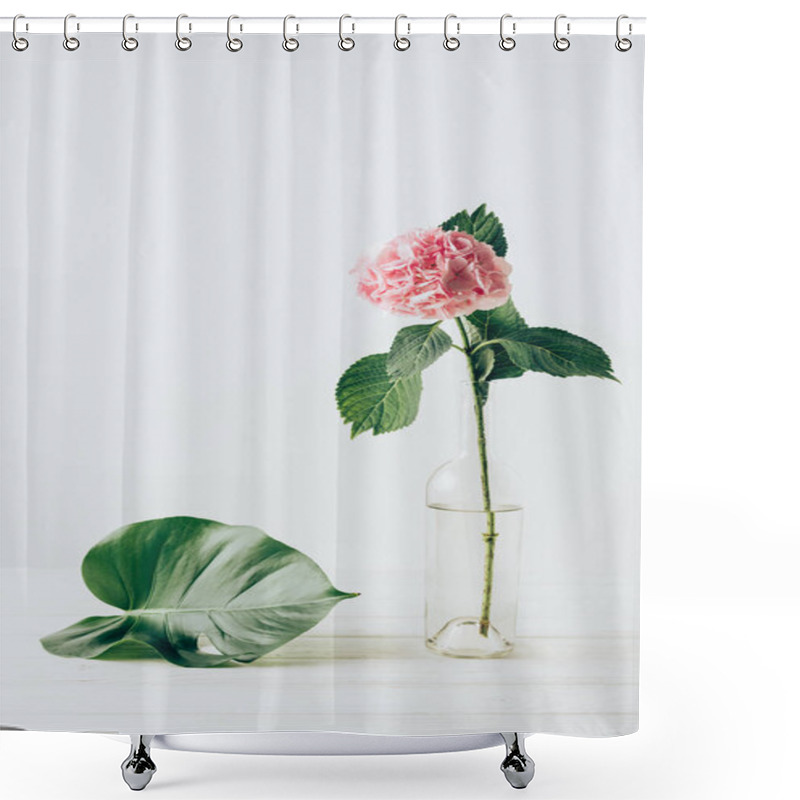 Personality  Pink Hydrangea Flower In Vase And Green Monstera Leaf Near, On White Shower Curtains