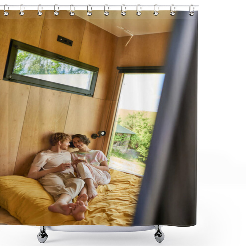 Personality  Cheerful Interracial Couple Sitting  On Bed And Holding Cups Of Morning Coffee In Country House Shower Curtains