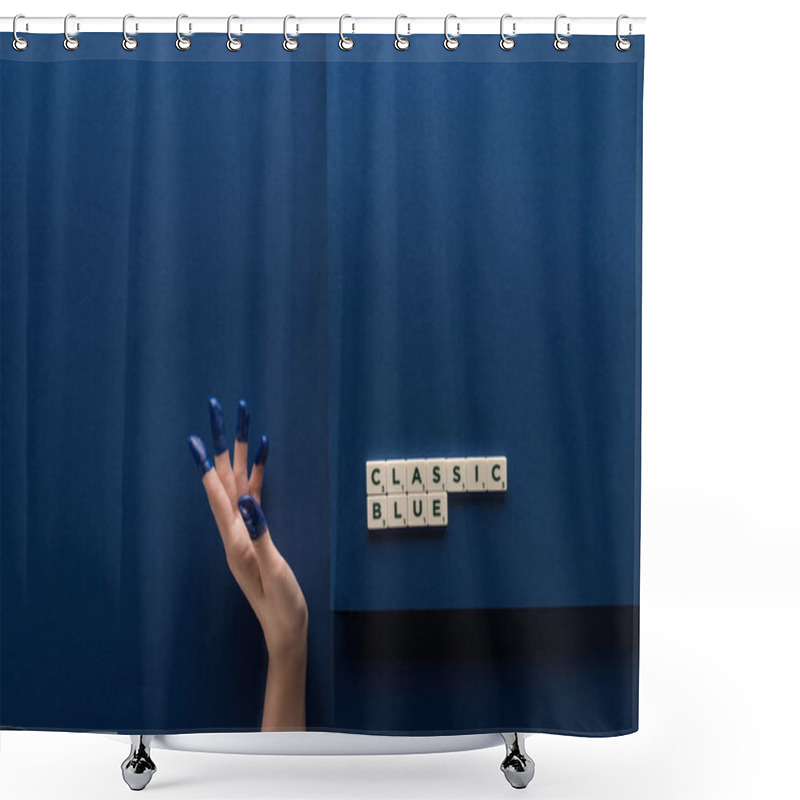 Personality  Cropped View Of Woman With Painted Fingers Near Classic Blue Lettering On Cubes On Blue Background Shower Curtains