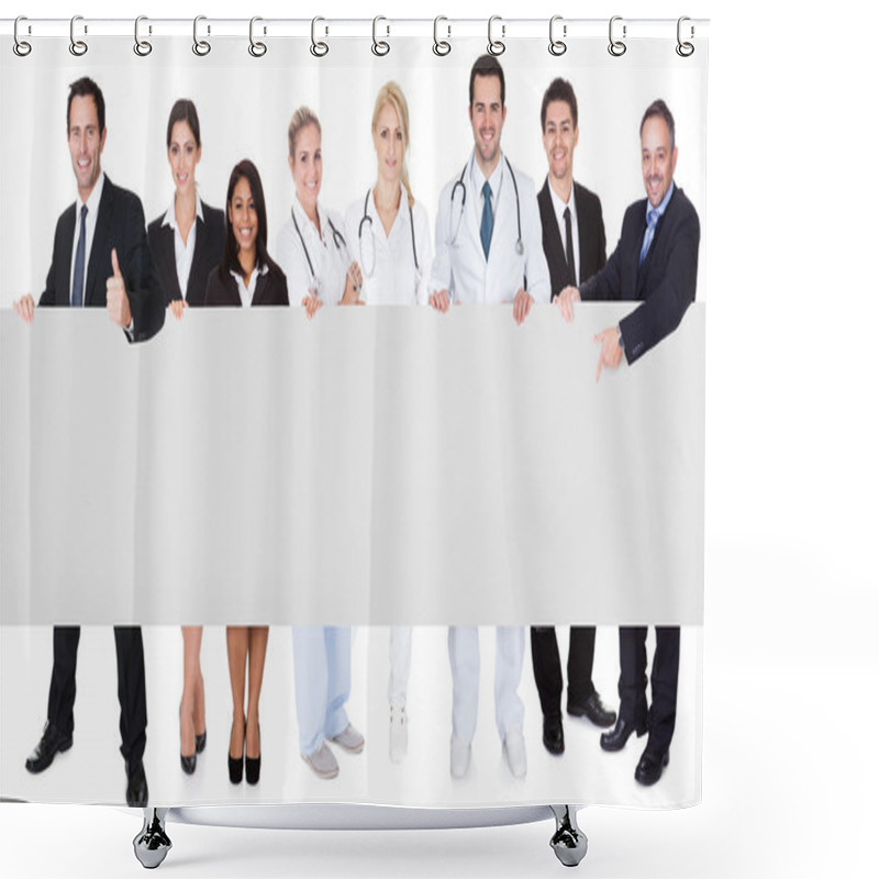 Personality  Doctors And Managers Presenting Empty Banner Shower Curtains