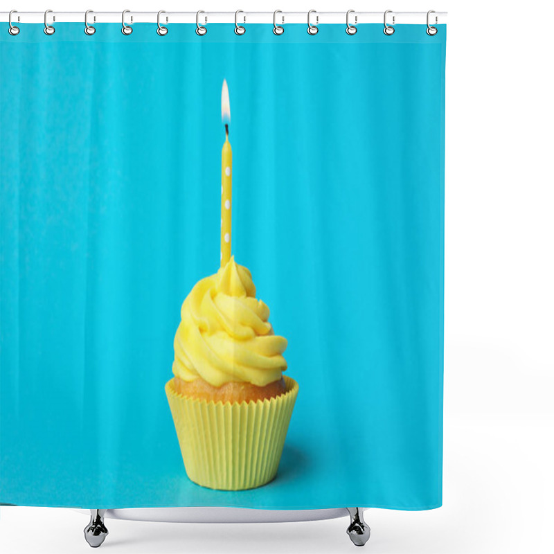 Personality  Delicious Birthday Cupcake With Yellow Cream And Burning Candle  Shower Curtains