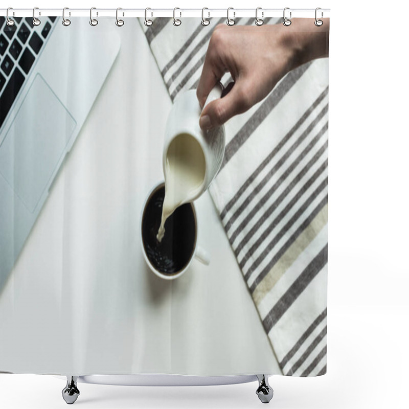 Personality  Pouring Milk Into Cup Of Black Coffee  Shower Curtains