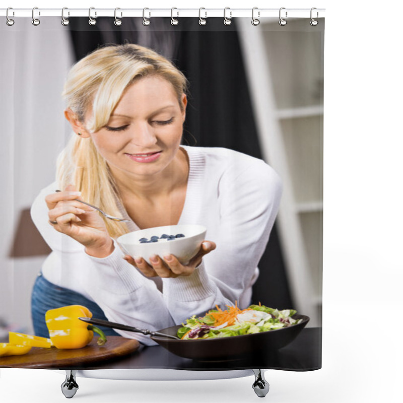 Personality  Woman With Yogurt Bowl Shower Curtains