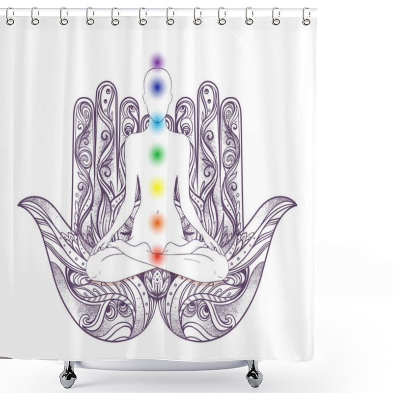 Personality  Human Silhouette Sitting In Lotus Position With Chakras Over Hamsa Symbol Shower Curtains