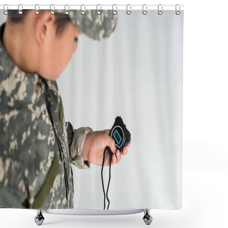 Personality  Partial View Of Kid In Military Uniform Looking At Stopwatch In Hand On Grey Background Shower Curtains