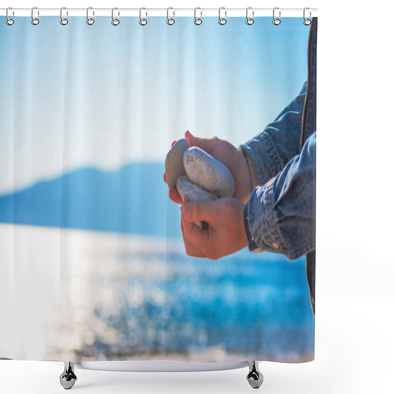 Personality  Find Harmony Amidst The Coastal Breeze  Stones Delicately Balanced Atop Each Other, A Serene Spectacle By The Sea. Shower Curtains