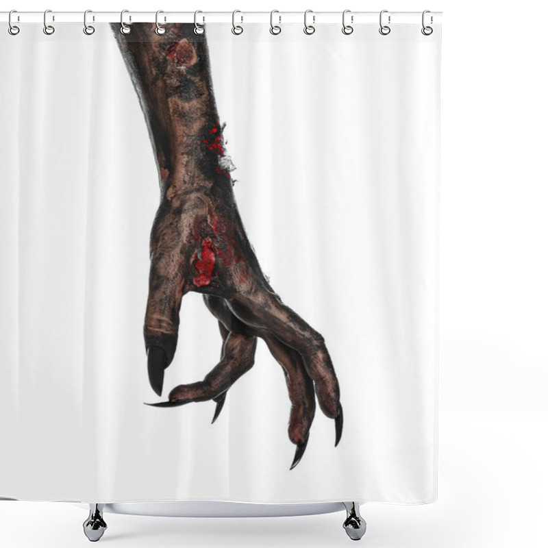 Personality  Scary Monster On White Background, Closeup Of Hand. Halloween Character Shower Curtains