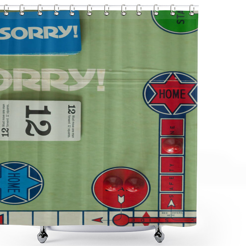 Personality  WOODBRIDGE, NEW JERSEY - October 9, 2018: Details Of A Circa 1980s Board Game Of Sorry Are Shown Shower Curtains