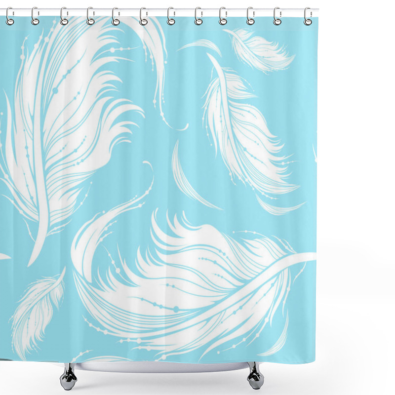 Personality  Feather Seamless Pattern. Decorative Ornate White Feathers On Blue Background. Monochrome Vector Illustration For Fashion Textile, Wrapping Paper. Shower Curtains