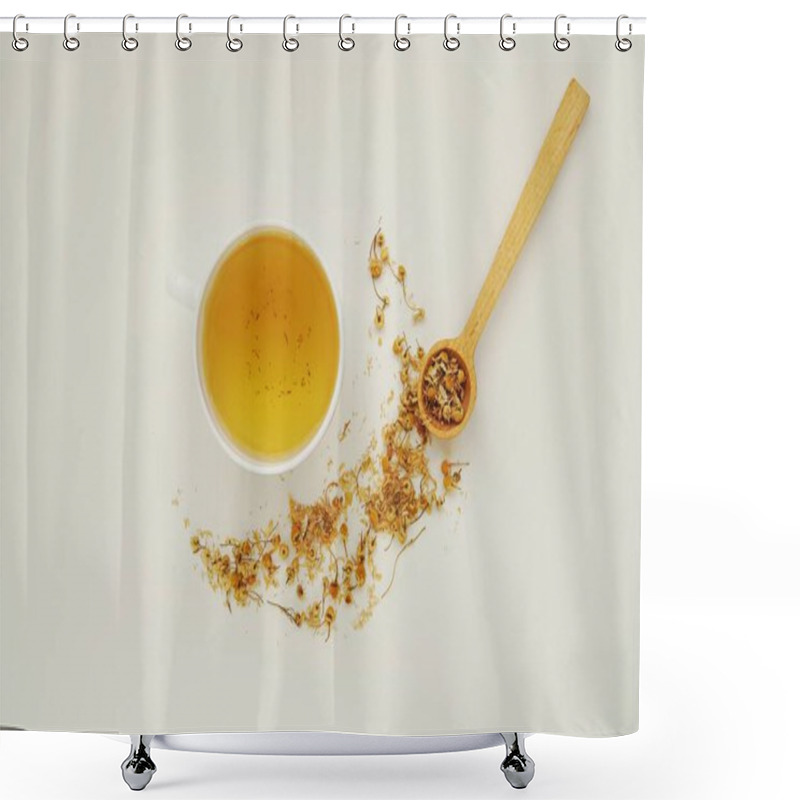 Personality  Healing Chamomile Tea And Honey, Flat Lay. Shower Curtains