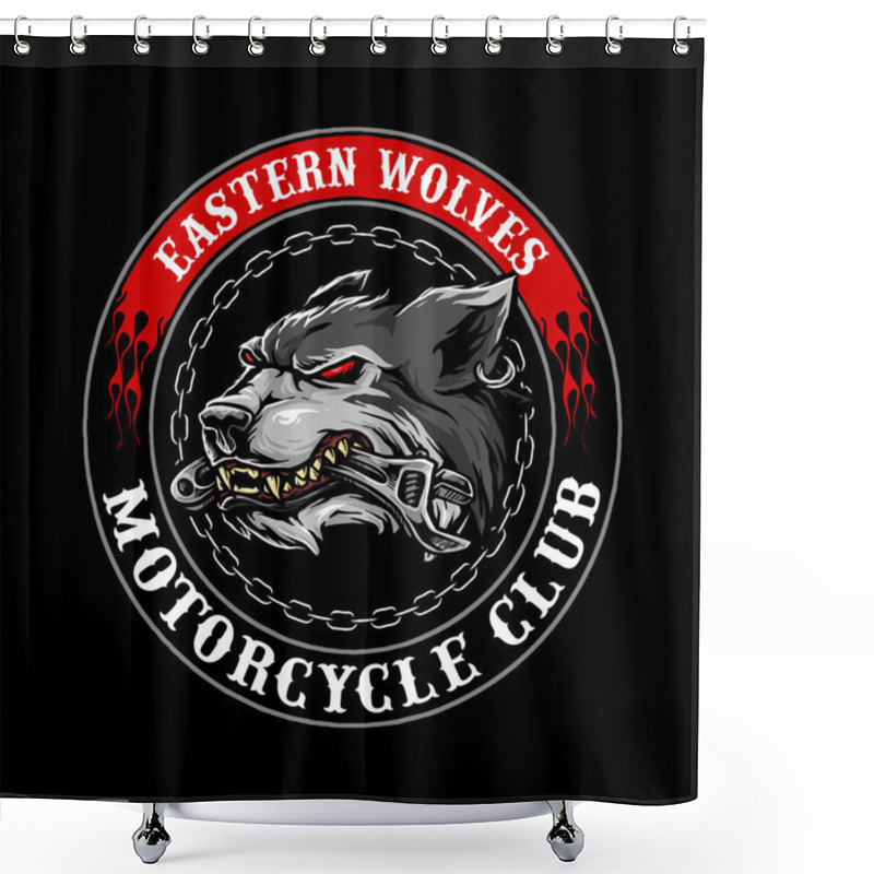 Personality  Wolf Head With Wrench In The Mouth Logo For Motorcycle Club Vector Design Shower Curtains