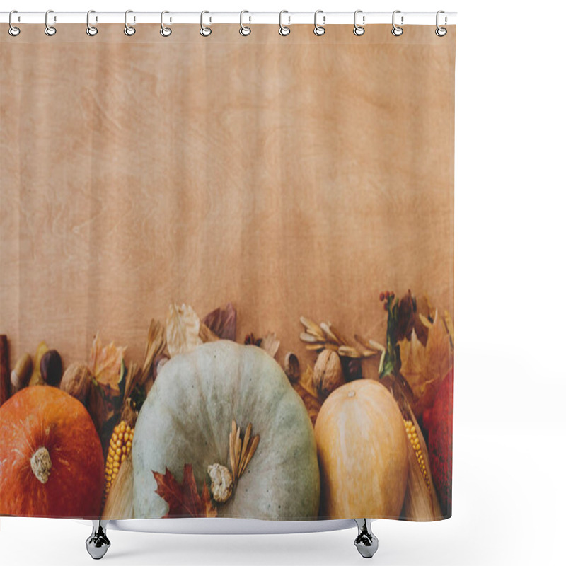 Personality  Happy Thanksgiving Flat Lay With Space For Text. Pumpkins, Autumn Leaves, Nuts And Spices On Rustic Wooden Background, Celebrating Autumn Holidays At Home Shower Curtains