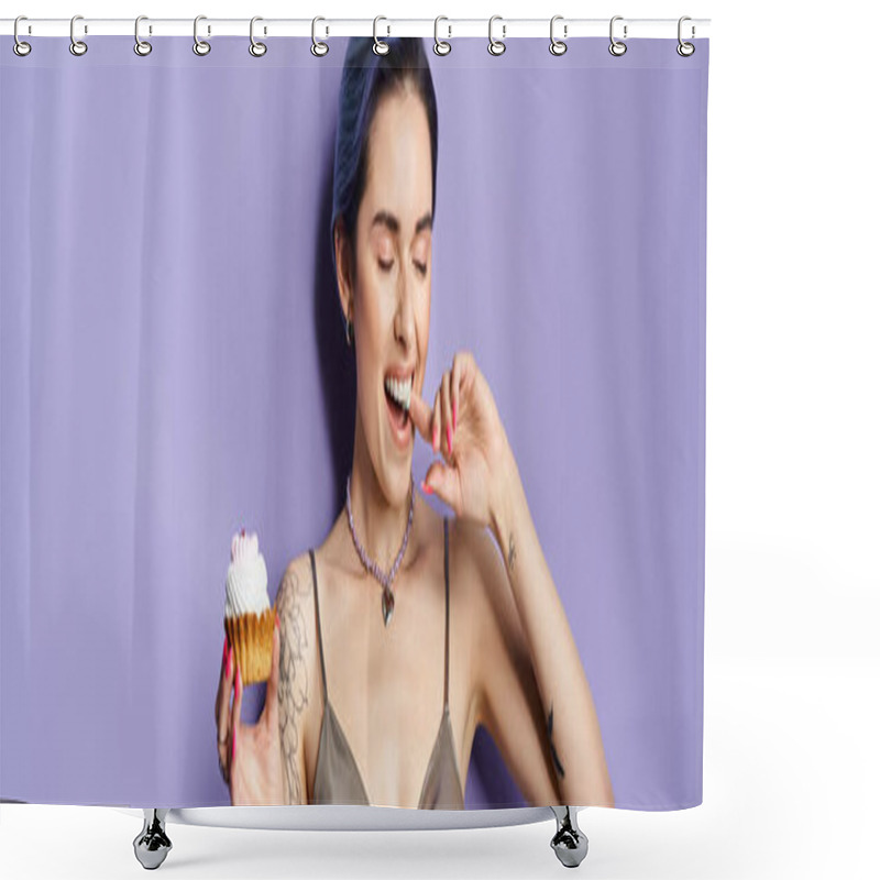 Personality  A Pretty Young Woman With Short Blue Hair In A Silver Party Dress Joyfully Holds And Savors A Delicious Cupcake. Shower Curtains