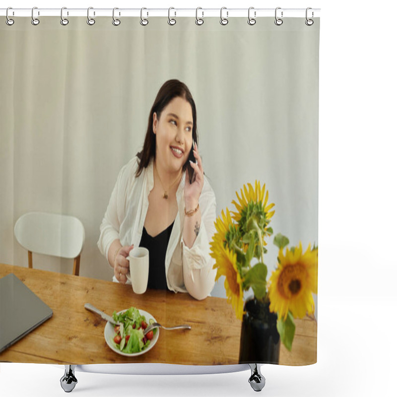 Personality  A Cheerful Woman Connects With Someone While Savoring Her Meal At Home. Shower Curtains