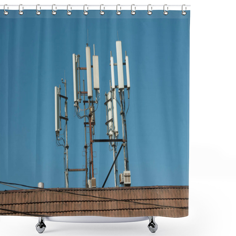 Personality  The Cellular Communication Aerial On A Building Roof Shower Curtains