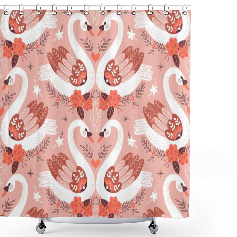 Personality  Folk Art Swan Couple Symmetrical Vector Seamless Pattern Shower Curtains