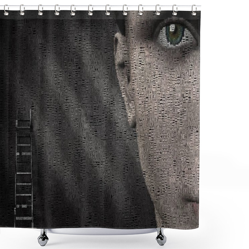 Personality  Surreal Digital Art. Woman's Face And Ladder. Picture Is Composed Entirely Of The Words. Shower Curtains