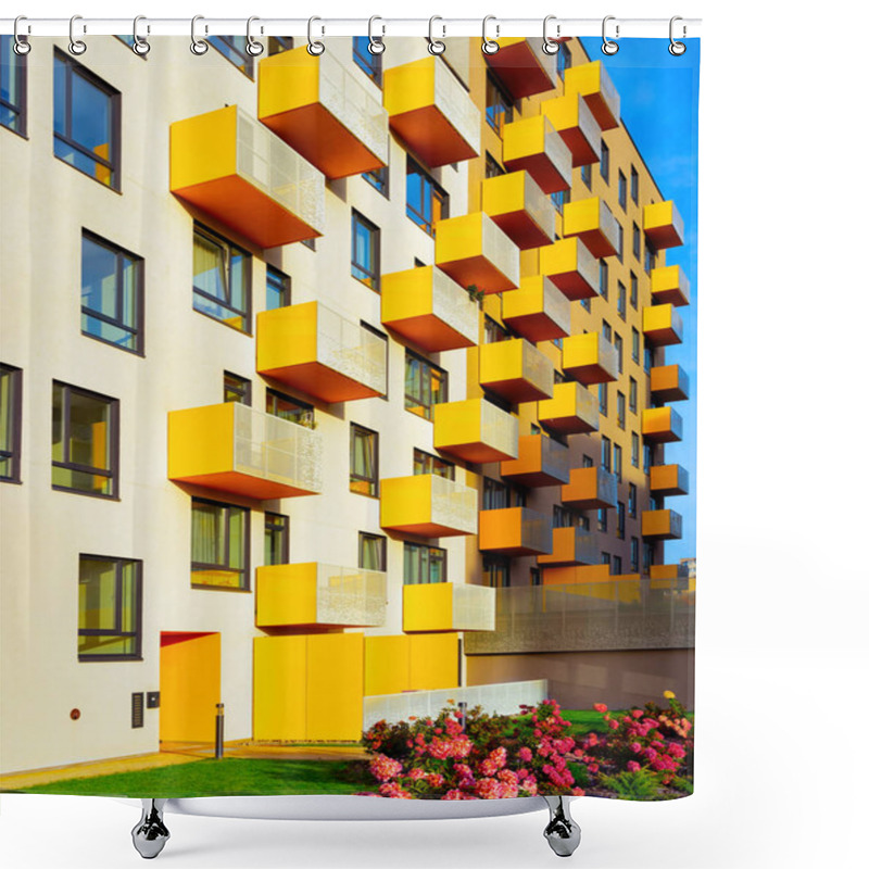 Personality  Apartment Residential Modern House Building Exterior With Flowers And Fence Reflex Shower Curtains