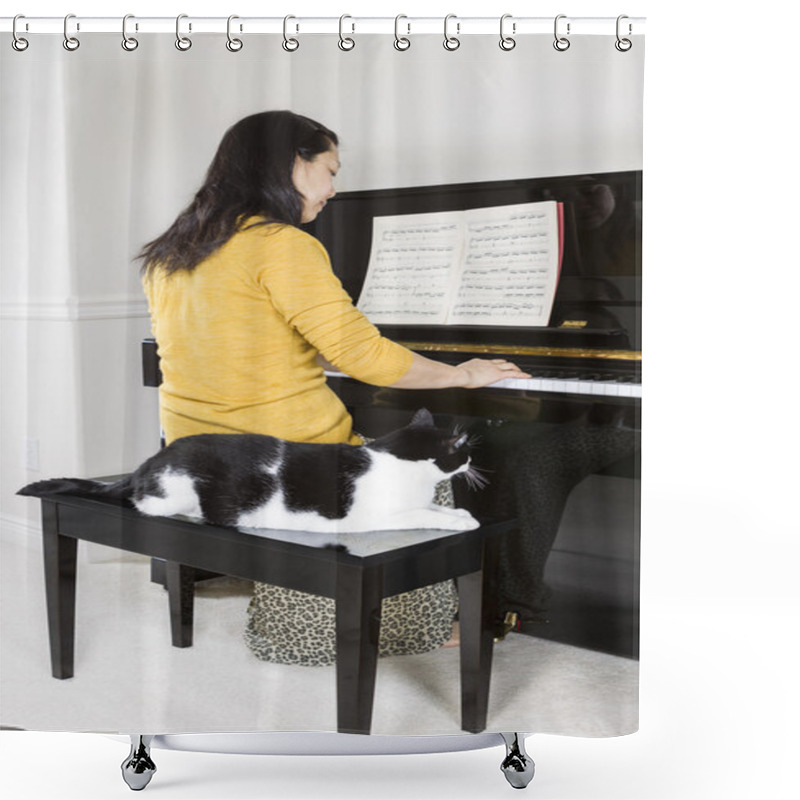 Personality  Mature Woman Playing Piano With Her Family Cat By Her Side Shower Curtains