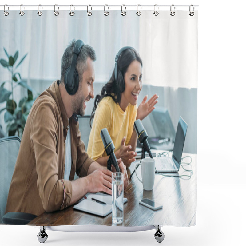 Personality  Two Cheerful Radio Hosts In Headphones Recording Podcast In Studio Shower Curtains