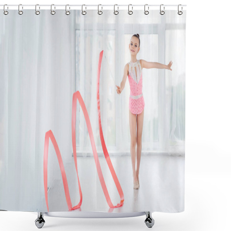 Personality  Beautiful Little Gymnast Girl In Pink Sportswear Dress, Doing Rhythmic Gymnastics Exercise Spirals With Art Ribbon Shower Curtains