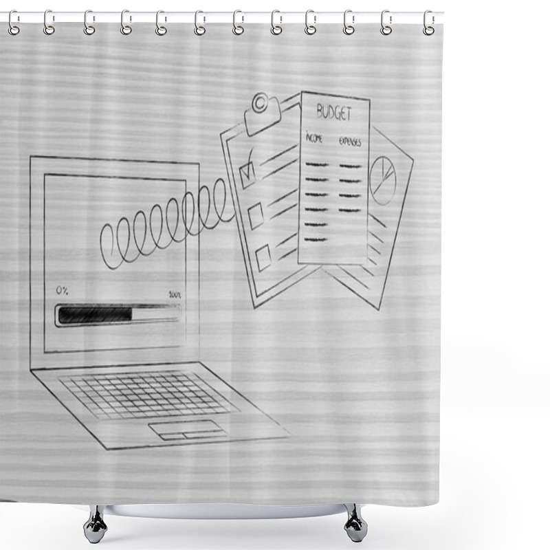 Personality  Calculate Your Budget Conceptual Illustration: Laptop With Progress Bar And Documents Popping Out Of The Screen On A Spring Shower Curtains